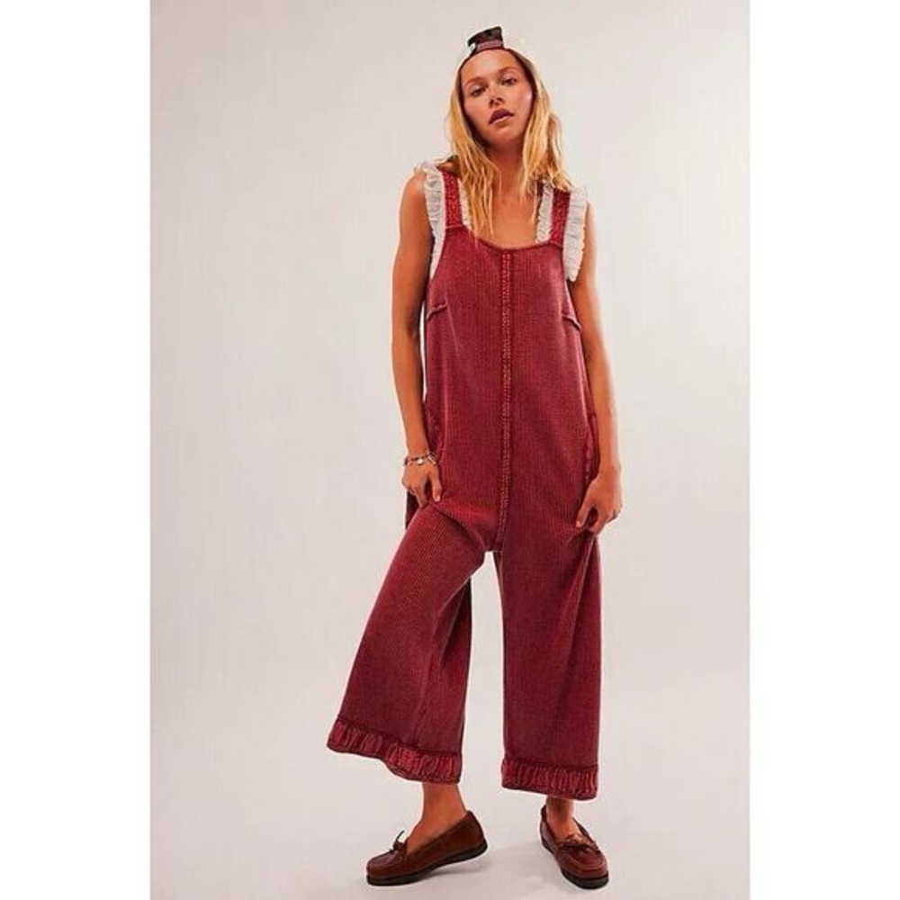Free People FP One Callie red ribbed jumpsuit jumper overalls cozy M We The